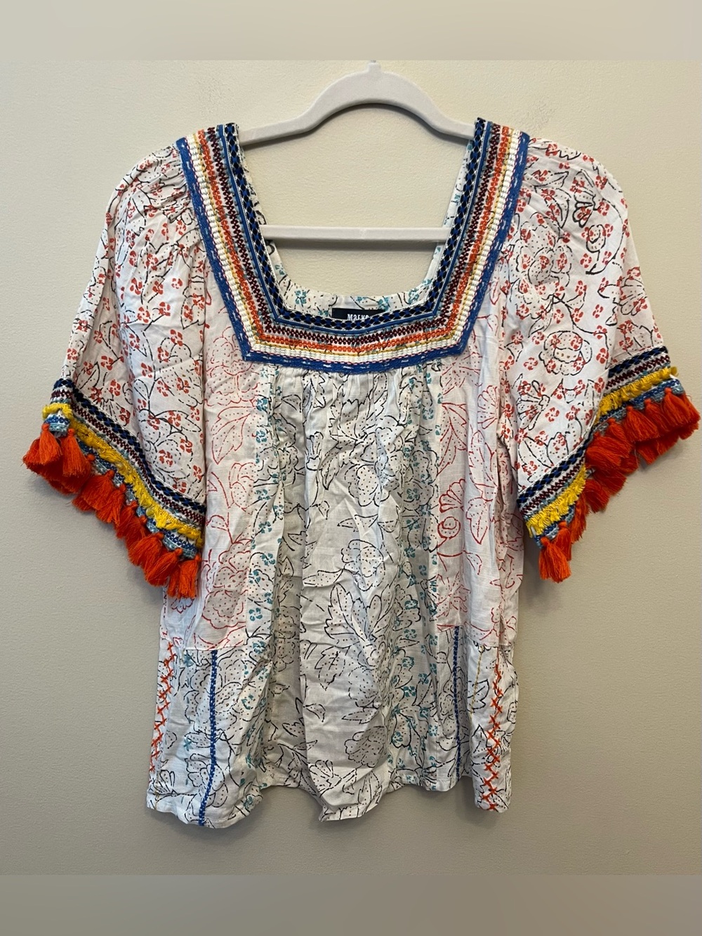 Anthropologie Maeve Paolina Tasseled Embroidered Blouse Women's Size XS Boho
